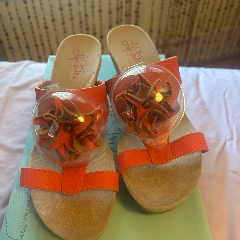 Orange and Beige Slide Sandals with Floral Accent